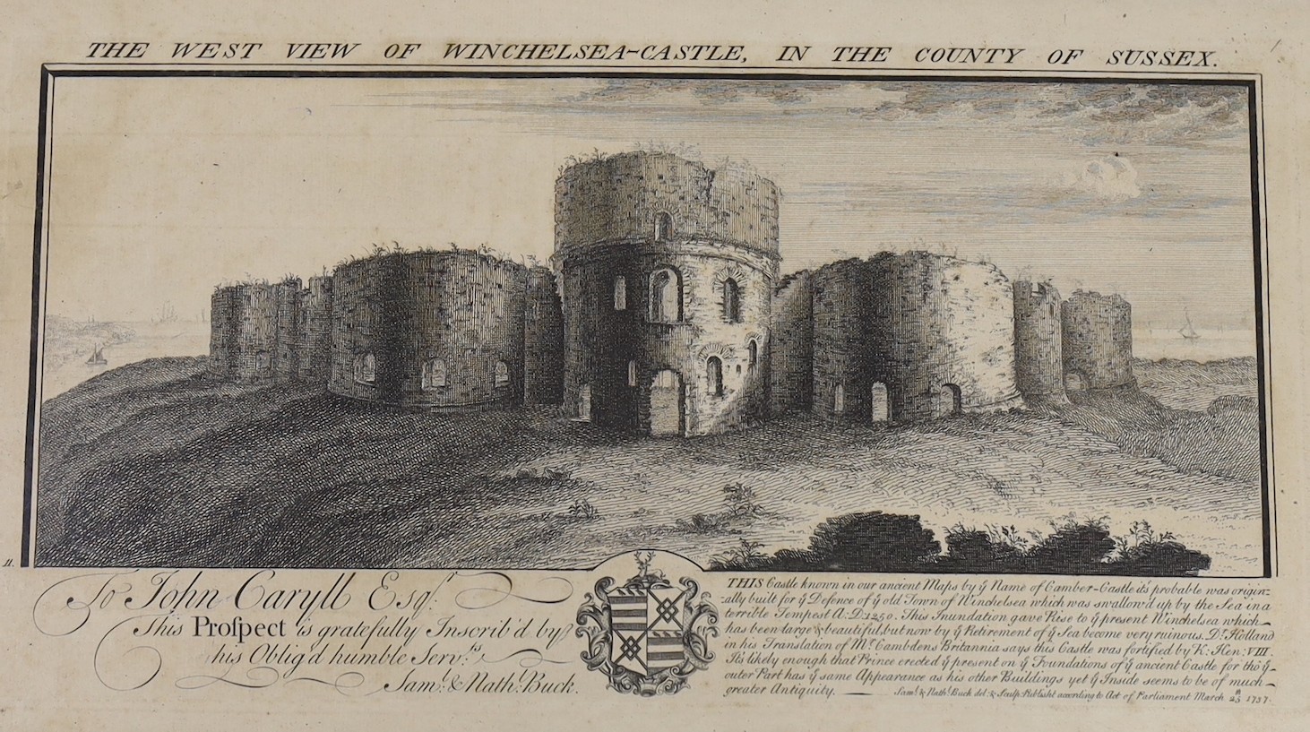 Samuel and Nathaniel Buck, six engravings, Views of Sussex Castles 1737, overall 23 x 40cm and a similar view of the Church of St Olave, 28 x 31cm